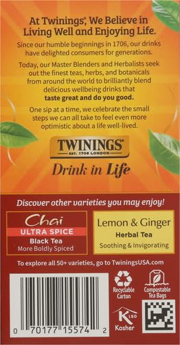 TWININGS CHAI BLACK TEA INDIVIDUALLY WRAPPED BAGS, 20 COUNT (PACK OF 1), SWEET, SAVOURY SPICES, CAFFEINATED, ENJOY HOT OR ICED, 20 TEABAGS