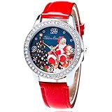 Souarts Womens Artificial Leather Christmas Father Santa Claus Tree Quartz Analog Wrist Watch 22cm Red