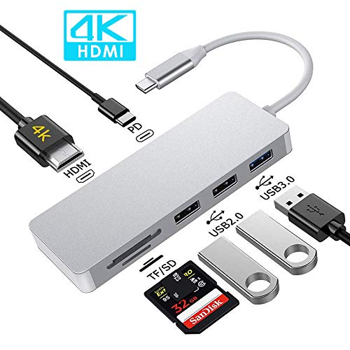 USB C HUB, 7 in 1 MacBook Pro 13/15 Inch Adapter Accessories with USB 3.0/2.0 Ports, TF/SD Card Reader, 4K HDMI Port, USB C Power Delivery, Compatible with MacBook Air/MacBook Pro 2017-2019 (Silver)