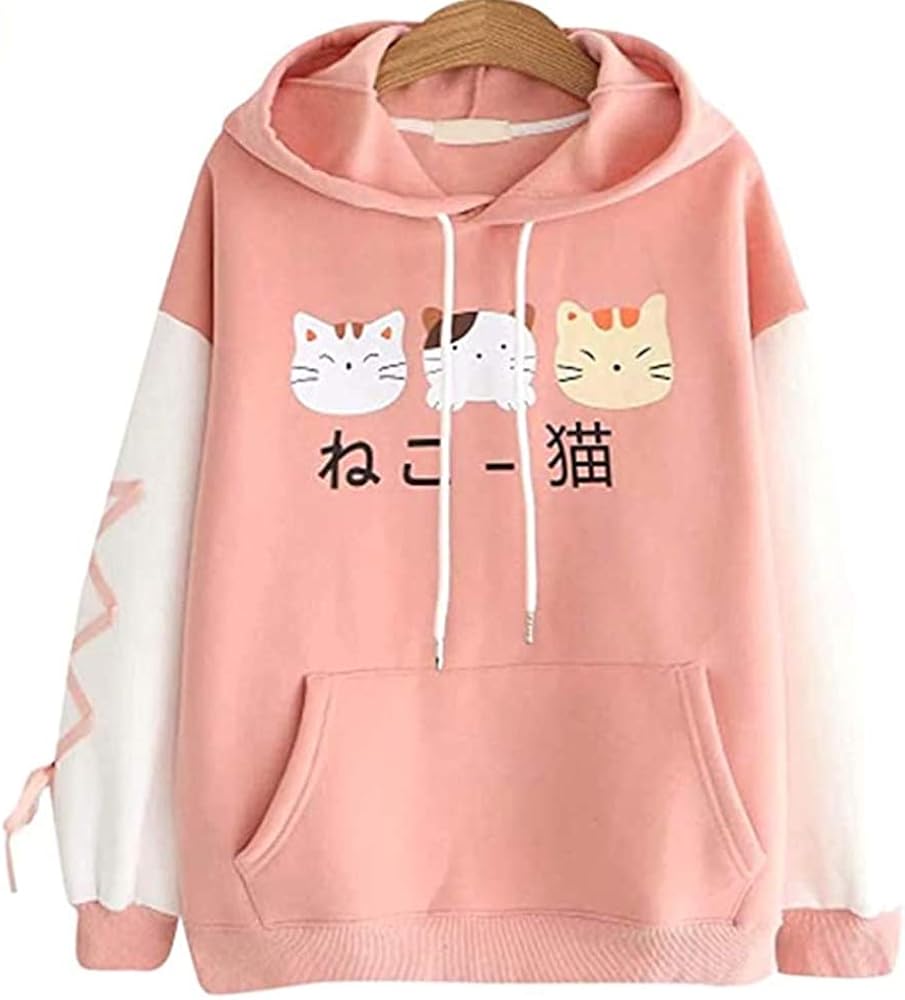 CRB Fashion Cosplay Anime Bunny Emo Girls Cat Bear Ears Emo Bear Top Shirt Pullover Sweater Hoodie (Cat Pink #8): Clothing
