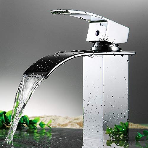 HEABLE Waterfall Bathroom Faucet Chrome, Single Handle Bathroom Sink Faucet One Hole Lavatory Vanity Faucet with Deck Plate - Thumbnail 2
