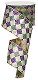 Mardi Gras Harlequin Glitter Diamond Ribbon: Purple, Green & Gold 2.5
