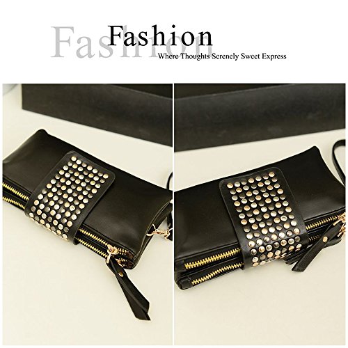 New Women's Leather Handbag Mosaic Rivets Shoulder Day Clutch Evening Bag Wallet Purse Wrist Bag (Black)