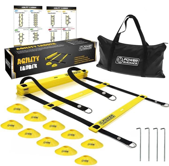 POWER GUIDANCE Agility Ladder (20 Feet) for Speed Agility Training & Quick Footwork Exercise - with 12 Plastic Rungs, 4 Pegs, Carry Bag & 10 Sports Cones (Yellow)