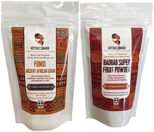Atacora Flavors of Africa Sampler Bundle: (1) Fair Trade Raw Fonio Ancient African Gluten Free Grain (8 Oz.), and (1) Fair Trade Baobab Superfruit Smoothie and Sauce Thickening Powder (5.75 oz.)