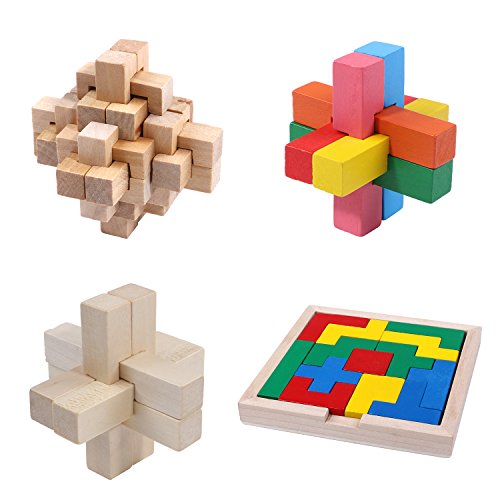 3D Wooden Puzzles Games Logic Mind Challenge Brain Teaser Jigsaw Puzzles Brain Teaser Interlocking Puzzle Educational Toys Gift for Teens and Adults - Set of 4