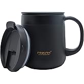 PINKAH 16OZ Stainless Steel Insulated Coffee Mug with Handle, Double Wall Vacuum Tumbler Cup with 2 Lids, Thermal Coffee Cup