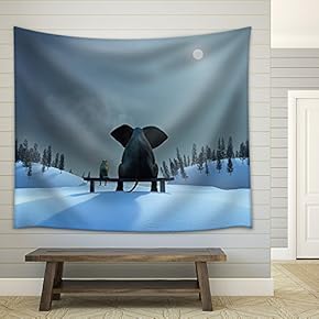 Elephant and Dog at Christmas Night - Fabric Wall Tapestry Home Decor - 51x60 inches