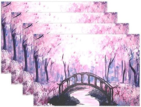 Set of 4 Sakura Cherry Blossom Painting Heat-resistant Placemats, Polyester Tablemat Place Mat for Kitchen Dining Room