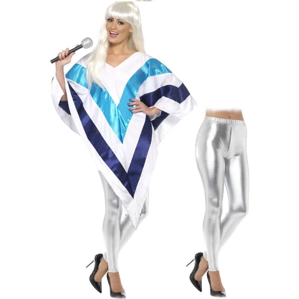 A2ZFD Ladies Super Trooper 70s Poncho Costume + Silver Disco Leggings Fancy Dress (Small (UK: 8-10), Poncho/Leggings)