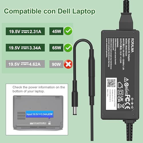 RORALMA 65W Cargador de Laptop Compatible con DELL Inspiron 15-7000 15-5000 15-3000 17-5000 17-3000 13-7000 11-3000 Serie 558 3181 5100 5535 5555 5558 5559 5567 XPS 9350 9360 la65ns2-01