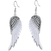 Sulimy Angel Wings Dangle Earrings for Women Unique Rhinestones Copper Fairy Feather Guardian Dangle Drop Hook Womens Dangling Earrings Silver Plated Jewelry