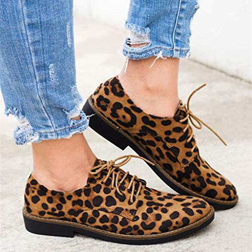 Hunzed Women【Suede Leopard Lace-Up Shoes】Women Oxford Flats Closed Round Toe Slip On Low Heel Platform (6 M US, Brown) - Thumbnail 5