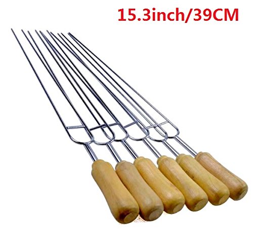 LinaLife 6pcs 15.3inch Grilling Kabob Skewers Food grade stainlesss steel grade Needles Double Prongs Barbecue Roasting Sticks Shish Kebab Skewers BBQ Stick Needles With Wooden Handle