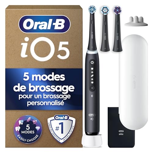 Oral-B iO 5 Brosse À Dents Électrique Noire, Un Capteur De Pression Pour Protéger Les Gencives, Les Dents Sensibles, Des Accessoires, 1 Brossette Douce, 1 Chargeur, 1 Étui De Voyage, Emballage Carton
