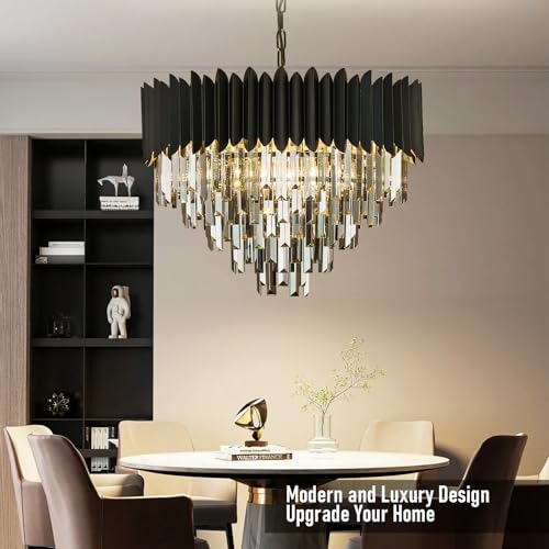 PAFRUMGE - Lámpara de araña de vidrio grande de 8 luces de 24 pulgadas, montaje empotrado de 5 niveles, color gris ahumado y negro, lámpara colgante redonda para comedor, sala de estar, entrada y