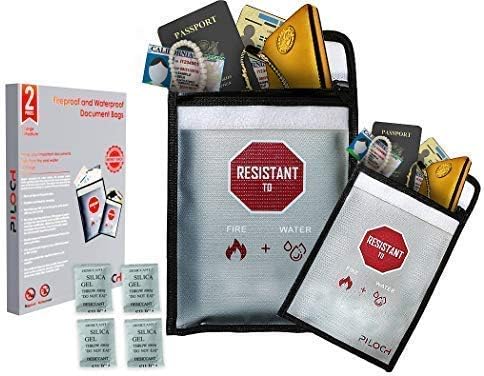 Fireproof Document Bags Water Resistant Pack of 2 Bags with 1 Large (15"x11") + 1 Medium (9"x7"), A Gift Box, Protects Important Documents,Cash and Jewelry from Water with Velcro Enclosure PILOCH