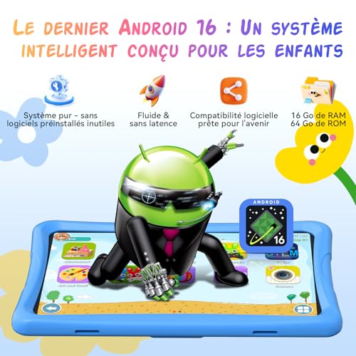 10 Inch Android 16 Tablet for Children 3-14 Years Educative, 16GB (4+12) RAM + 64GB ROM/2TB TF, Parental Control, GMS, 5000mAh, WiFi6, 4 Year Warranty, Tablet with Stylus, Blue