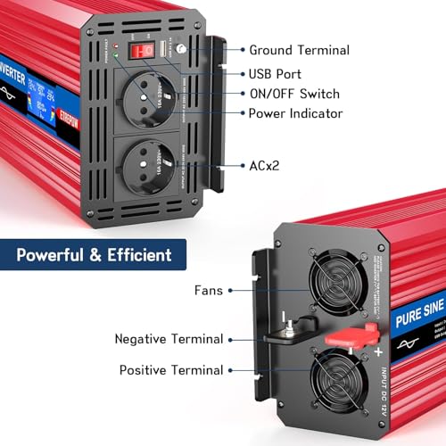 ETREPOW 3000W Inverter 12V 220V Pure Sine Transformer, Inverter with 2 AC Outlets, USB Port, Wireless Remote Control, LCD Display, for Solar Systems, Car, Camping, Travel, Caravan