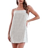 Amazhiyu Women's Pure Linen Summer Casual Plaid Cami Mini Dresses Back Tie