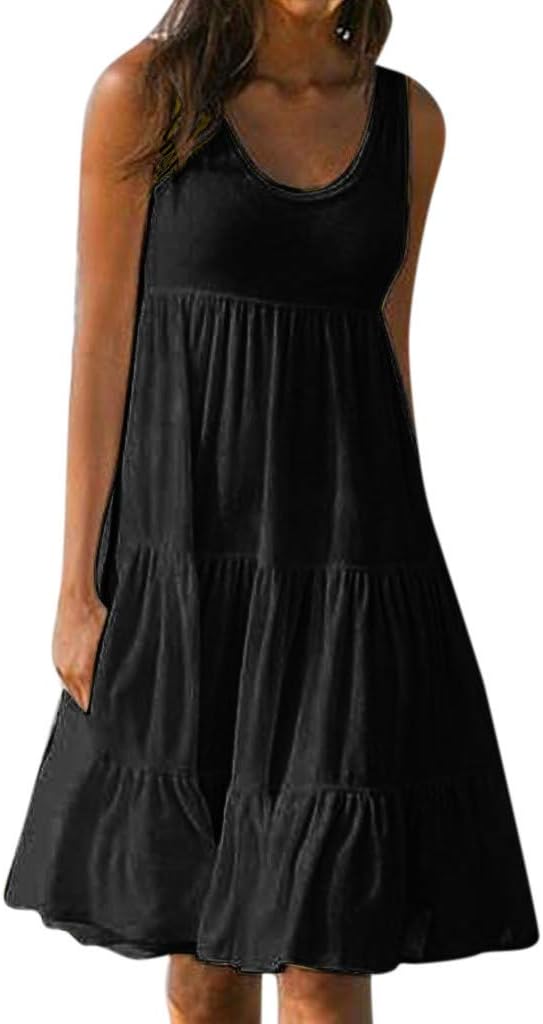 WOYAOFA Summer Dresses for Womens Solid Pockets Cute Black Casual Fashion O-Neck Loose Sleeveless Above Knee Mini Dress
