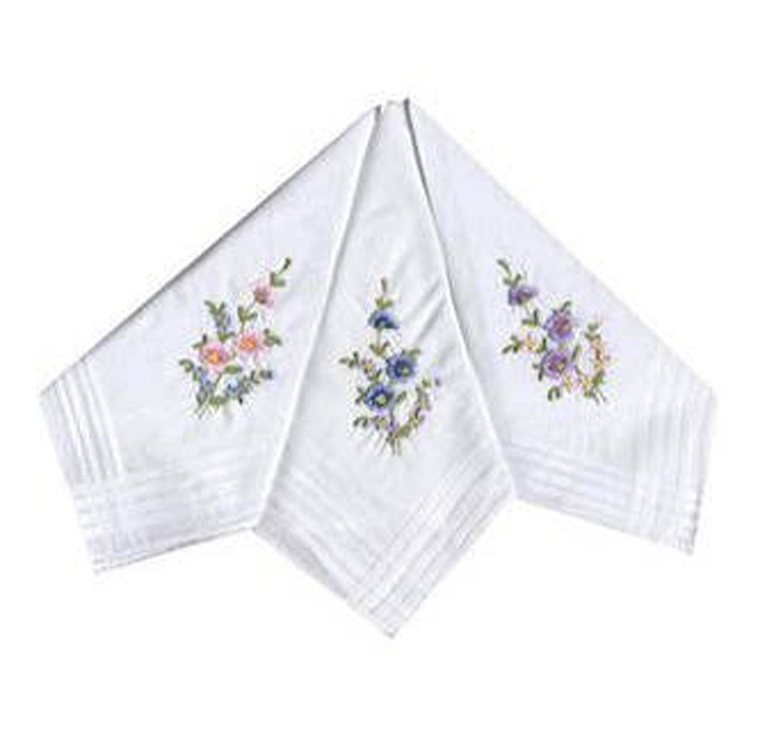 12 Pack Ladies Flower Embroidered 100% Pure Cotton Handkerchiefs