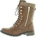 Forever Link Womens Mango-31 Round Toe Military Lace Up Knit Ankle Cuff Low Heel Combat Boots,Brown Pu,10