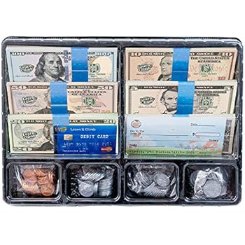 Learn & Climb Play Money Set for Kids - Realistic Dollar Bills, Coins, Credit & Debit Cards & Checkbook. Add-on for Pretend Play Cash Register