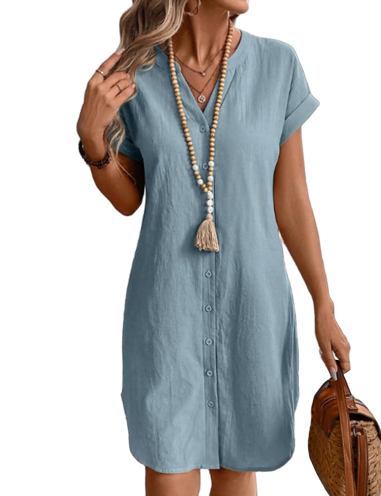 Photo 1 of IDEALSANXUN Linen Dresses for Women 2025 Spring Summer Beach Vacation Casual Lightweight V Neck Cap Short Sleeve Midi Button Down Shirt Dress, Blue, S