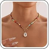 Jugielu Boho Colorful Bead Choker Necklace Rainbow Seed Bead Necklace Cowrie Shell Pendant Necklace Gold Shell Toggle Necklace Seashell Rice Bead Clavicle Necklace Jewelry for Women