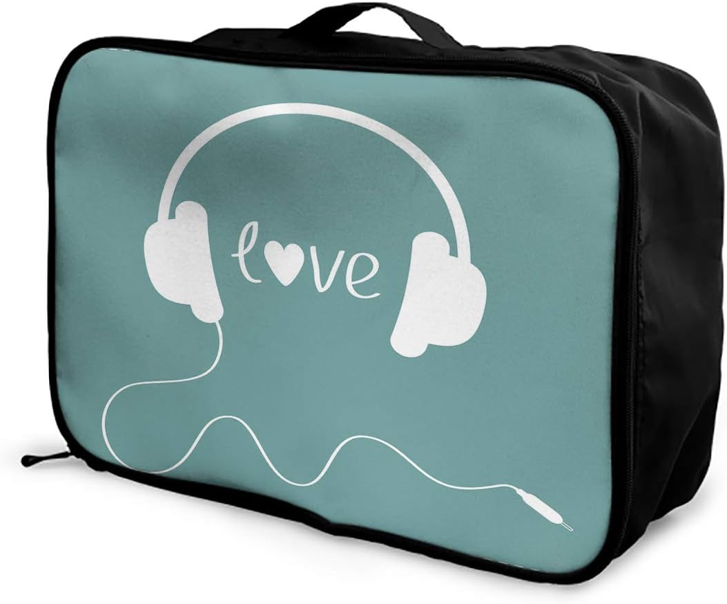 Emvency Travel Portable Foldable Duffel Bag White Headphones Cord Dash Line Lightweight Waterproof Storage Carry Luggage Tote Bag for Women Men