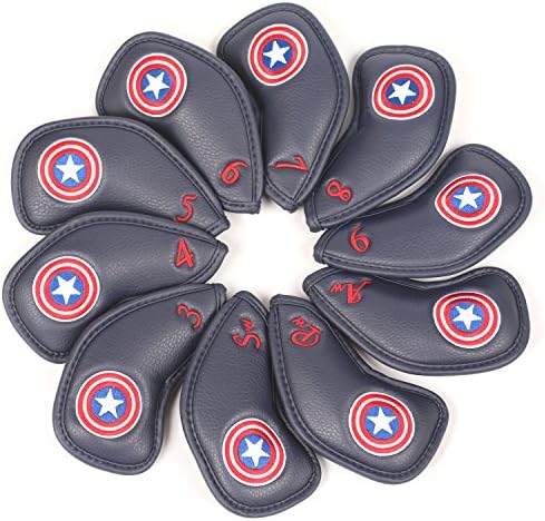 Volf Golf 10pcs Captain America Style Thick Synthetic Leather Golf Iron Head Covers Set Headcover Fit Most Golf Brands Irons Heads
