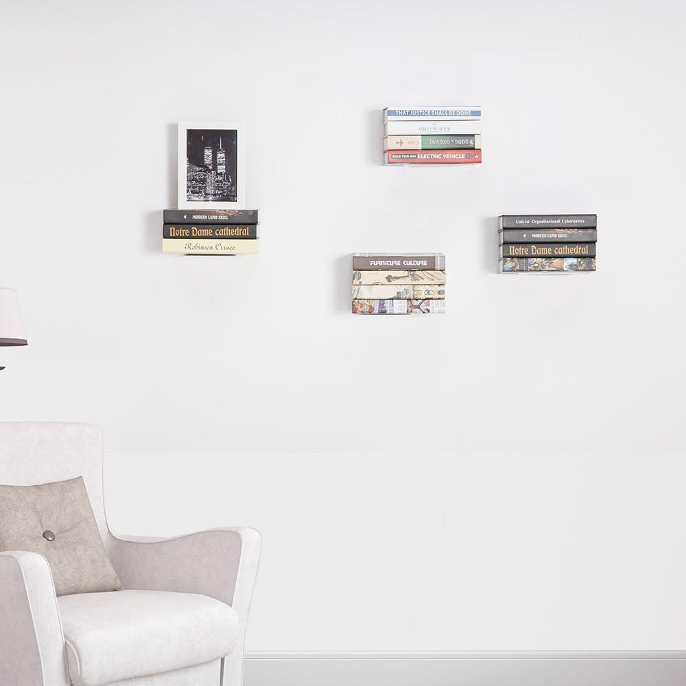 STORAGE MANIAC 4-pack Large Invisible Floating Bookshelves, Heavy-duty Book Organizers, White: Home & Kitchen