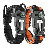 URTop Paracord Bracelet (2 pack) Tactical and Survival Gear Kit Adjustable Size Fire Starter Loud Whistle Emergency Knife Perfect for Hiking Camping Fishing and Hunting Black & Black+Orange