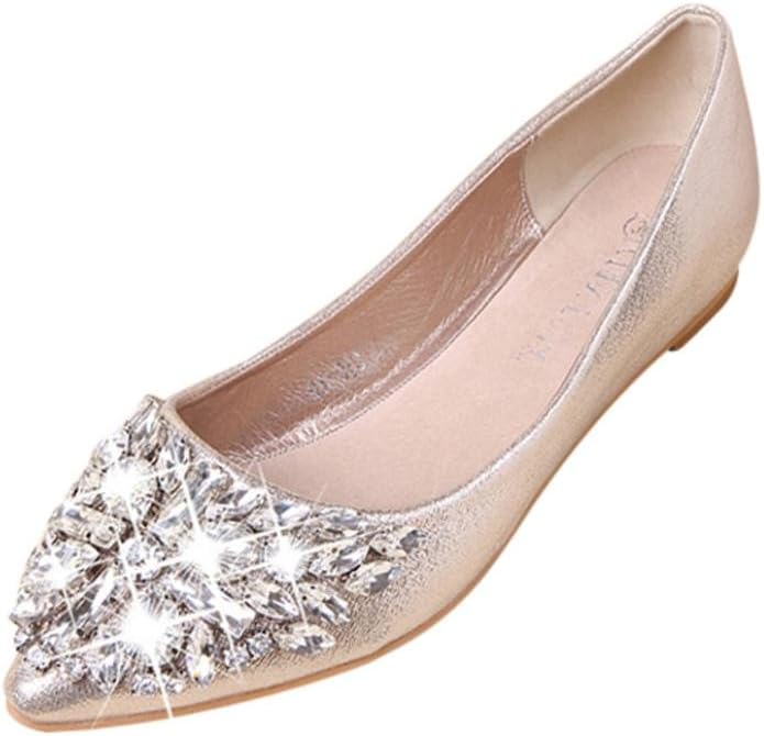 AOJIAN 2018 Fashion Women's Pointed Toe Crystal Shoes Casual Rhinestone Low Heel Flat Shoes