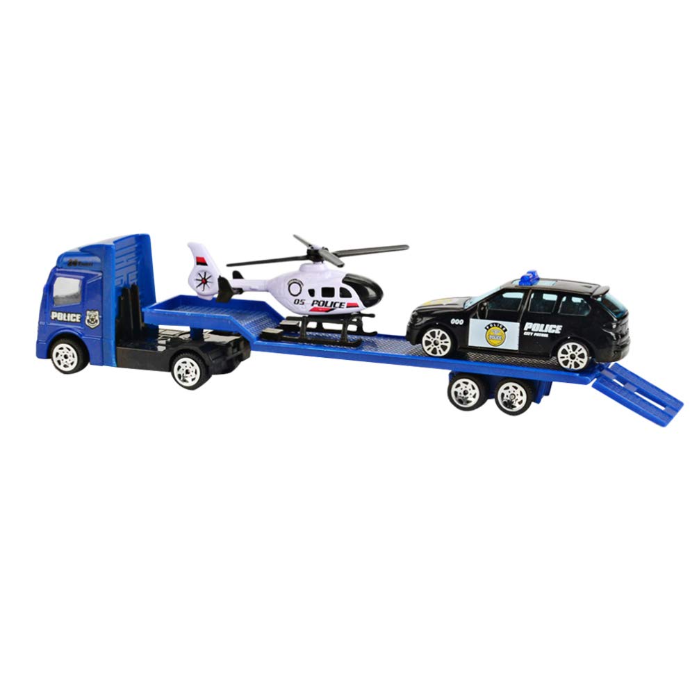 Tomaibaby Kids Trailer Toys Friction Powered Construction Truck Vehicle Helicopter Police Car Pull Back Cars Mini Car
