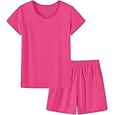 Umeyda Girls Pajamas Set Sleepwear Nightwear 2 Pcs Pj Set Soft Short Sleeve Tee Top and Shorts with Pockets