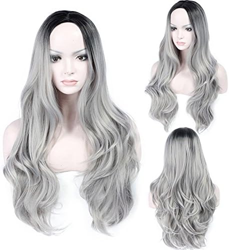 Toprincess Synthetic Long Wave Heat Resistant Wig Synthetic Machine Made Wig Dark Roots to Silver Grey Replacement Hair Wigs