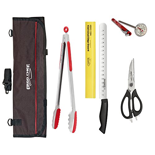 Ergo Chef BBQ Kit -Professional Knife & Tool Set 12 Inch Slicer Grill Tongs Thermometer Shears Storage Roll Bag 6 Piece Set