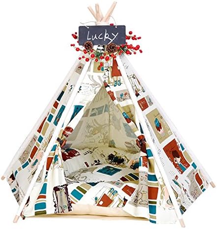 Pet Tent Wood Canvas Dog Cat House With Soft Washable Mattress Kennel Kitten For Small Medium Pet 2 Size 8 Color , girl pattern , l