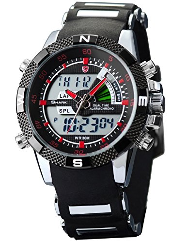 Shark Men's Military Sport Wrist Watch Alarm LCD Day Date Dual Time Stopwatch Black Army SH043