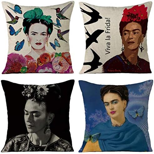 Joyi 4 Pack Frida Kahlo Self-Portrait Cotton Linen Throw Pillow Case Car Cushion Cover 18"x18",Pattern 20