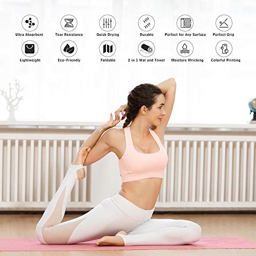 Travel Yoga Mat, Folding Thin Light Non-Slip Hot Yoga Mat for Travelling, Sweat Absorbent Anti Slip Mat Towel for Pilates Floor Exercise Fitness, Bonus Kits Large Knee Pad and Strap (2.5 lbs)