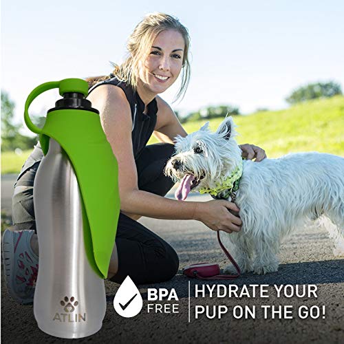 Atlin Dog Water Bottle - 304 Stainless Steel and Silicone - Leak-Proof Dog Bottle is Great for Walking, Hiking, Running and The Dog Park - 20 oz for Large, Medium or Small Dogs