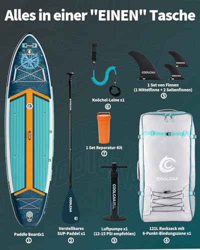 COOLCAA SUP Board, 355 cm (Extra Large) Stand Up Paddling Board, Inflatable Stand-Up Paddle Board with 86 cm Extra Wide, Fishing Paddleboard with Accessories & Carry Bag for Adults, 222 kg