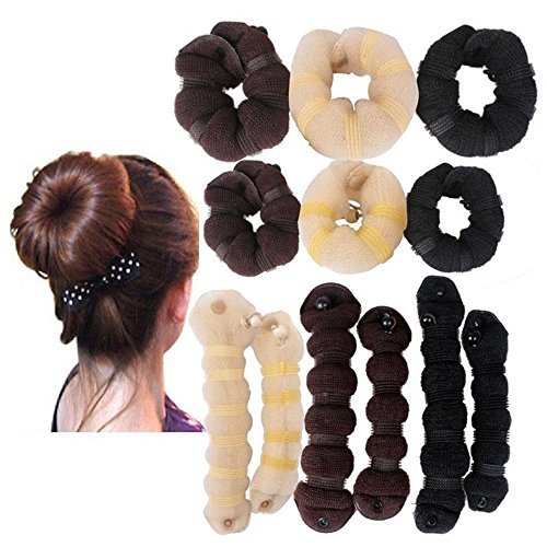 759Shop Hot Buns 2 Piece Magic Hair Styling Styler Twist Ring Former Shaper Doughnut Donut Chignon Bun Maker Clip Hair Curler Accessory Small & Large (Black)
