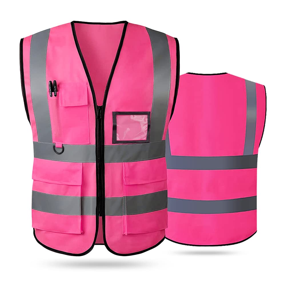 AKEIVN Hi Vis Vests for Women Men High Visibility Reflective Safety Security Vest with Pockets Zipper Front Meets ANSI/ISEA Standards(Large,Pink(cloth))