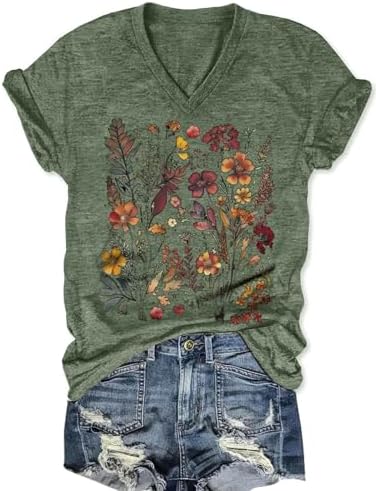 Women's T-Shirt Vintage Flower V Neck Shirt Boho Wildflower