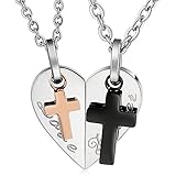 Aeici His and Hers Matching Set Stainless Steel Half Heart Pendant with Cross Puzzle Necklaces
