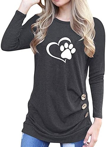 Rfecccy Funny Cute Love Dog Paw Print Cotton Button Decoration Long Sleeve T-Shirt for Women Black M
